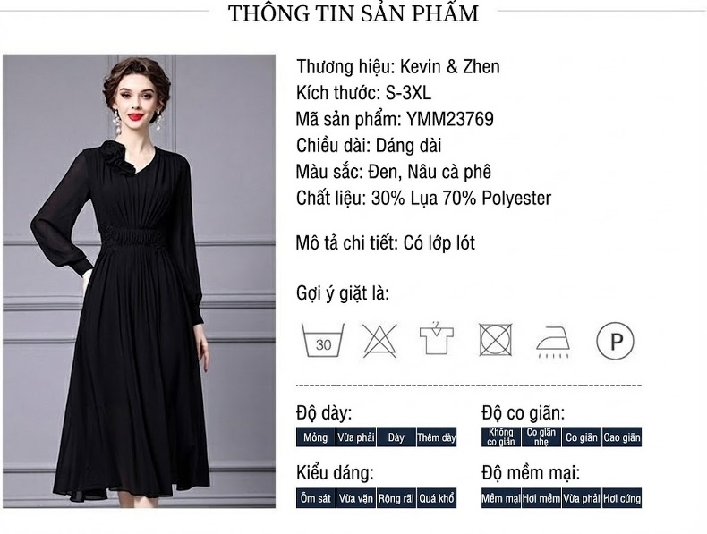 Đầm Dự Tiệc Nữ Tay Dài Cổ chữ V Thắt Eo Họa Tiết Hoa 3D Phong Cách Thanh Lịch Màu Đen chi tiết 18