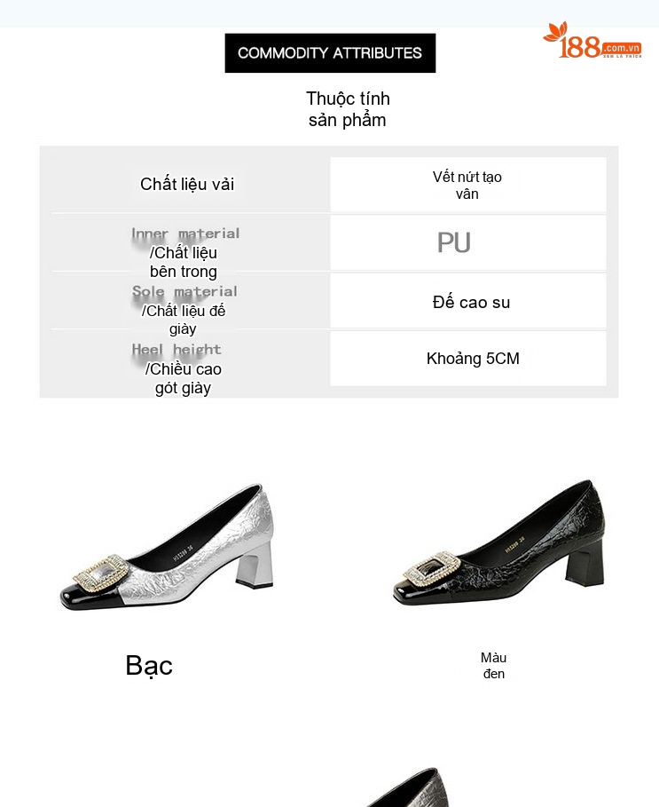 Giày Cao Gót Nữ Da Bề Mặt Vân Đế Vuông Chiều Cao Đế Khoảng 5cm Khóa Đá Màu Đen, Bạc, Vàng Đồng chi tiết 2