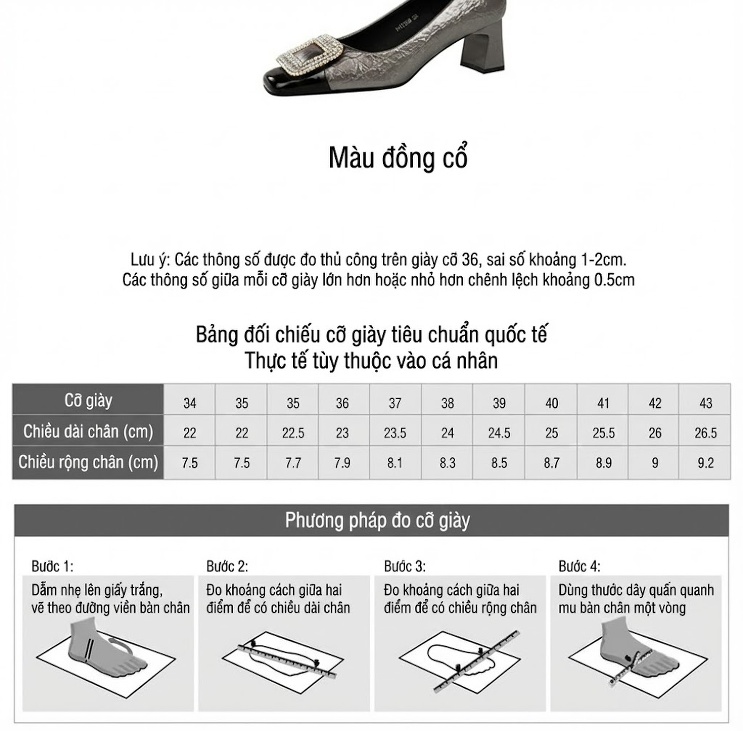 Giày Cao Gót Nữ Da Bề Mặt Vân Đế Vuông Chiều Cao Đế Khoảng 5cm Khóa Đá Màu Đen, Bạc, Vàng Đồng chi tiết 3