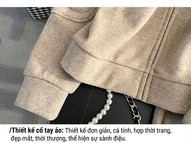 Bộ Quần Áo Nữ Áo Khoác Có Khóa Kéo Quần Ống Rộng Lót Lông Màu Be chi tiết 10