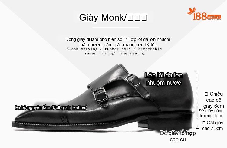 Giày Monk Strap Nam Da Bò Đầu Vuông Chiều Cao Đế Khoảng 3cm Màu Xám chi tiết 3