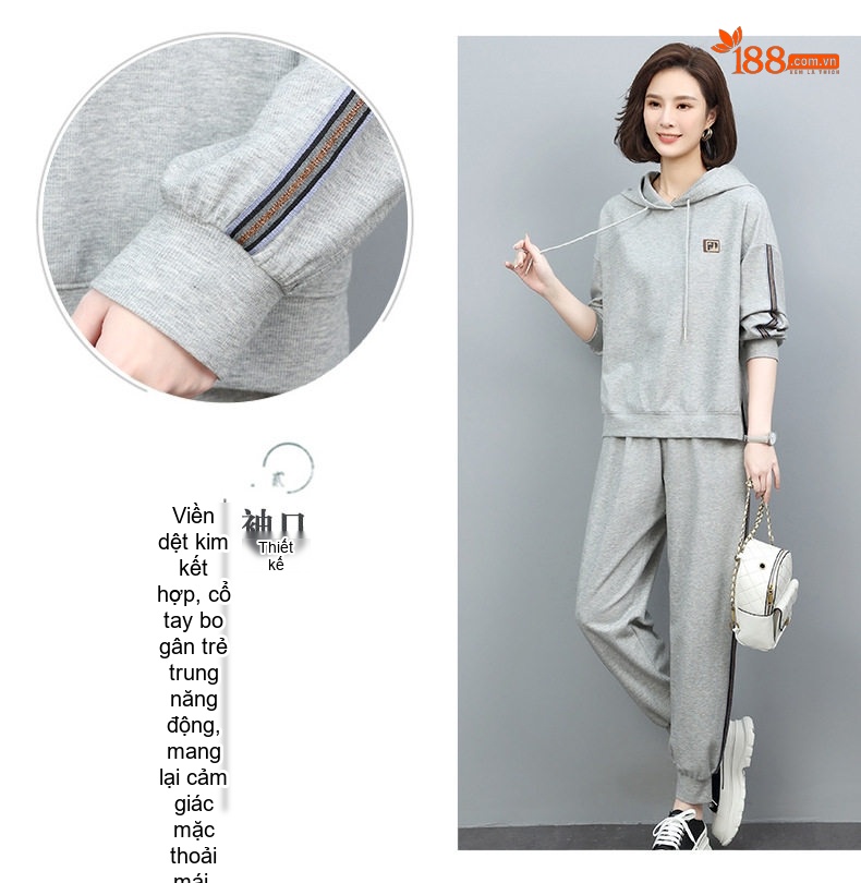 Bộ Đồ Thể Thao Nữ Dệt Kim Thu Đông Áo Hoodie Quần Dài chi tiết 5