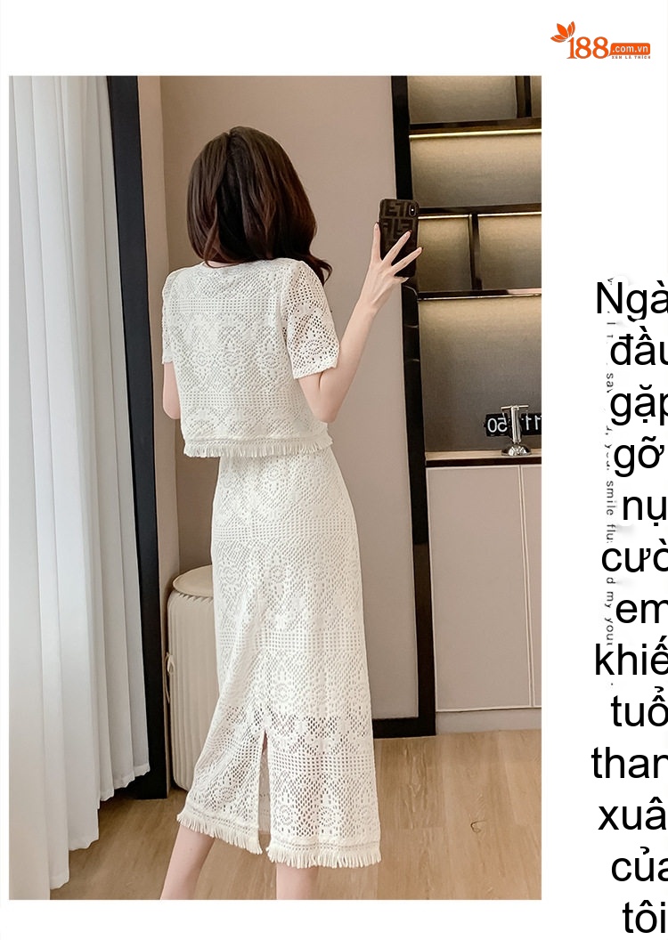 Set Bộ Áo Ren Cộc Tay Và Chân Váy Dáng Dài Đi Biển Phong Cách Pháp Màu Trắng chi tiết 18
