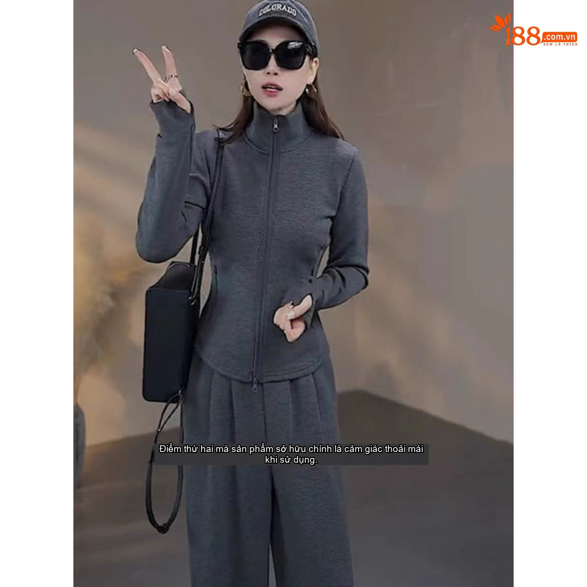 Bộ Đồ Thể Thao Nữ Áo Khoác Dệt Kim Dáng Rộng Quần Dài Lót Lông Màu Xám