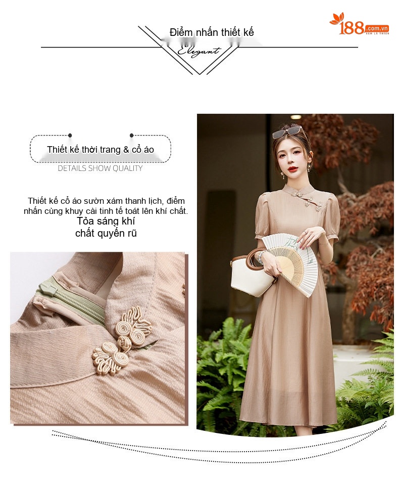 Váy Đầm Trung Hoa Cách Tân, Cổ Điển, Dáng Ôm Màu Tím, Xám, Xanh Lá chi tiết 5