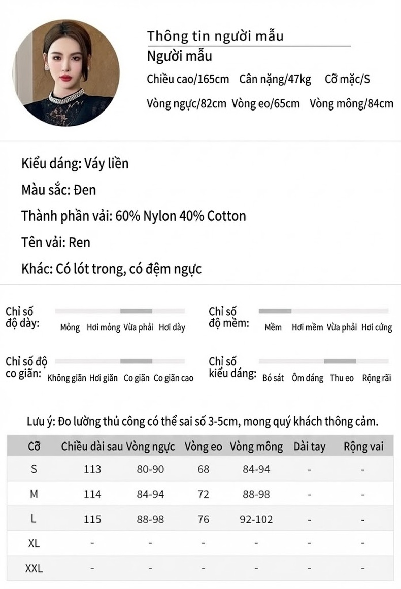 Đầm Ren Nữ Cổ Tròn Tay Sát Nách Đính Đá Phong Cách Pháp Màu Đen chi tiết 2