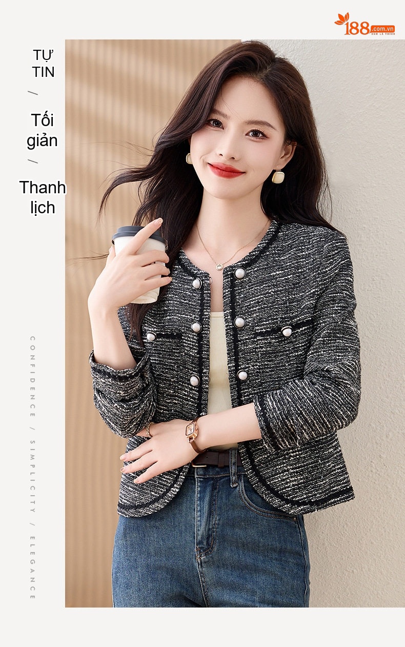 Áo Khoác Tiểu Thư Nữ Dáng Ngắn Rộng Tay Dài Phong Cách Thanh Lịch Màu Trắng Xám chi tiết 19