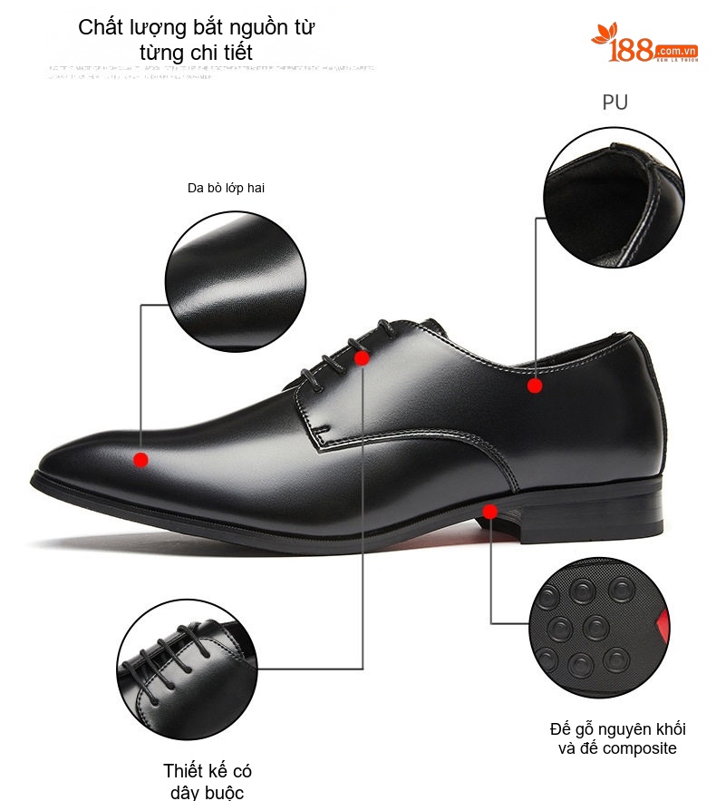 Giày Tây Buộc Dây Nam Da Bóng Chiều Cao Đế Khoảng 3cm Màu Đen, Nâu chi tiết 11