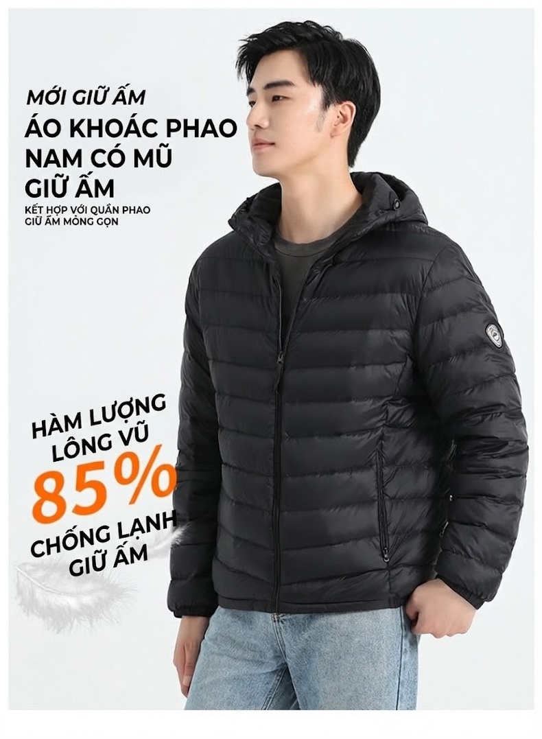 Áo Khoác Phao Nam Dáng Ôm Có Mũ Trùm Đầu Nhẹ Mỏng Thời Trang Màu Đen, Xanh Navy, Xám chi tiết 1