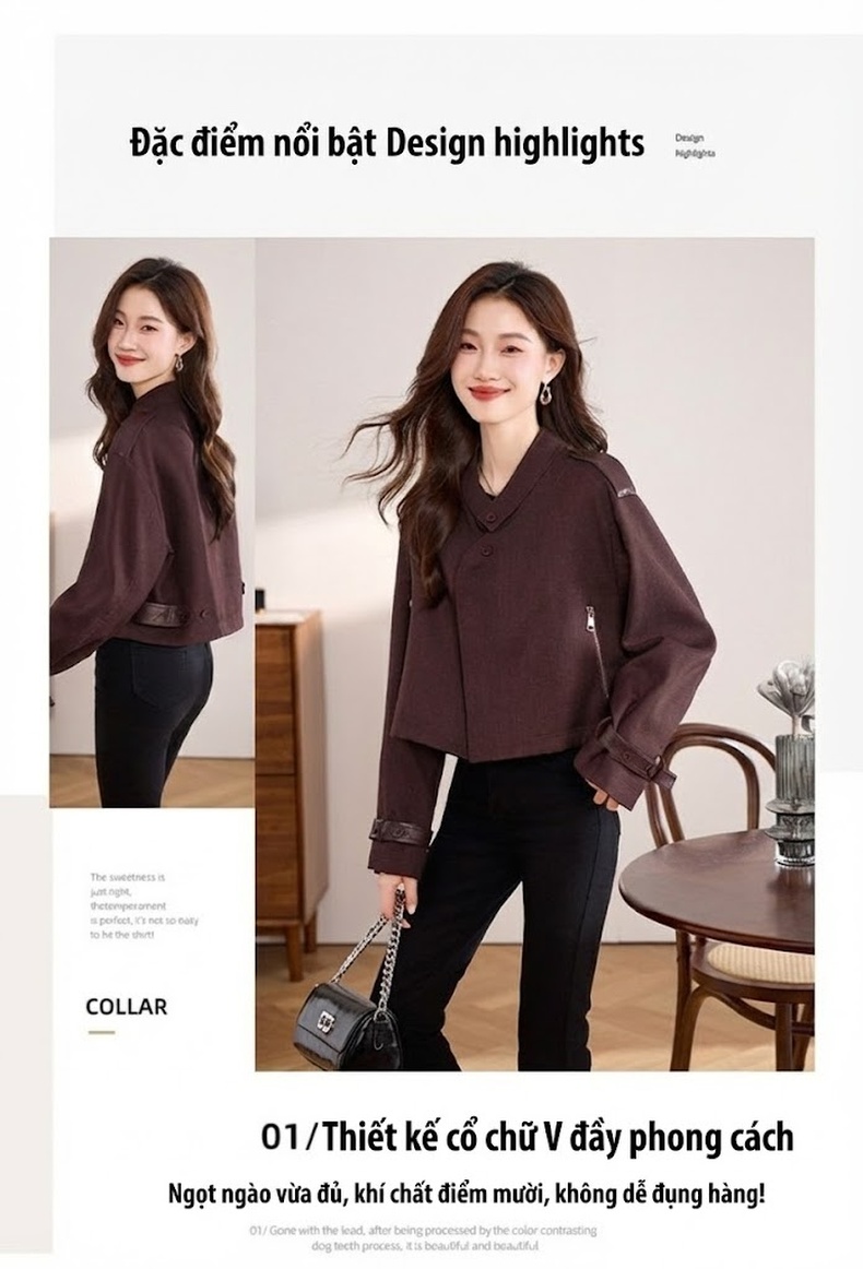 Áo Khoác Lửng Nữ Tay Dài Kiểu Croptop Vải Dệt Phong Cách Thời Trang Màu Đỏ, Đen chi tiết 4