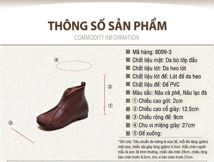 Boot Nữ Cổ Ngắn Da Mờ Phong Cách Retro Chiều Cao Đế Khoảng 1cm Màu Nâu, Vàng chi tiết 2