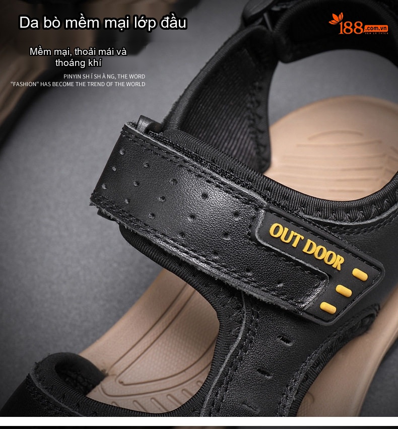 Dép Sandal Nam Da Thật Quai Dán Đế Cao Su Chống Trượt Bít Mũi Đi Biển, Đi Phượt (đế cao 3 cm) chi tiết 12