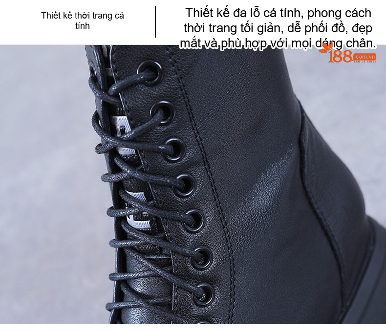 Giày Boot Martin Nữ Da Bò Lót Lông Chiều Cao Đế Khoảng 4cm Phong Cách Anh Quốc Màu Đen chi tiết 7