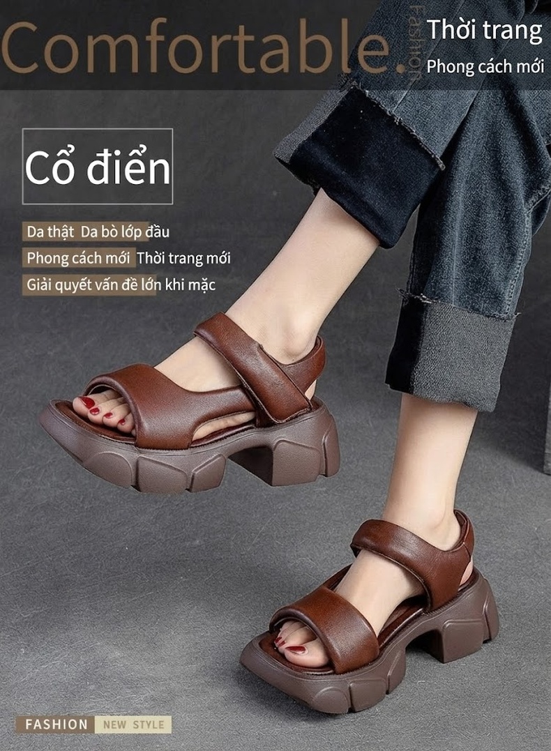 Giày Sandal Cao Gót Nữ Hở Ngón Da Bò Quai Hậu Đế Bệt Gót Cao 7cm - 8cm Màu Đen, Nâu chi tiết 1