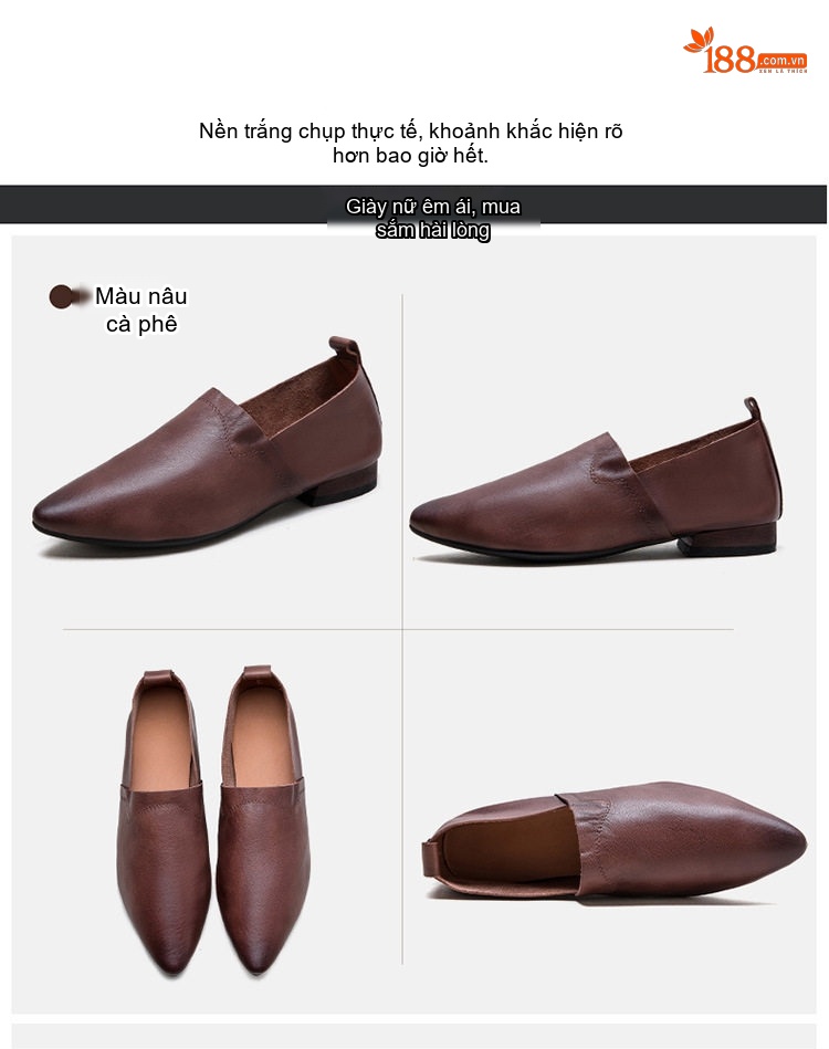 Giày Lười Nữ Mũi Nhọn Da Bò Chiều Cao Đế Khoảng 2cm Màu Nâu, Vàng chi tiết 17