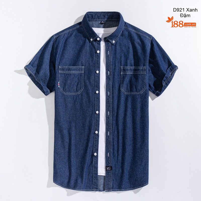 Áo Sơ Mi Tay Ngắn Cotton Denim Nam Phong Cách Hàn Quốc Màu Xanh Dương Nhạt, Xanh Dương Đậm