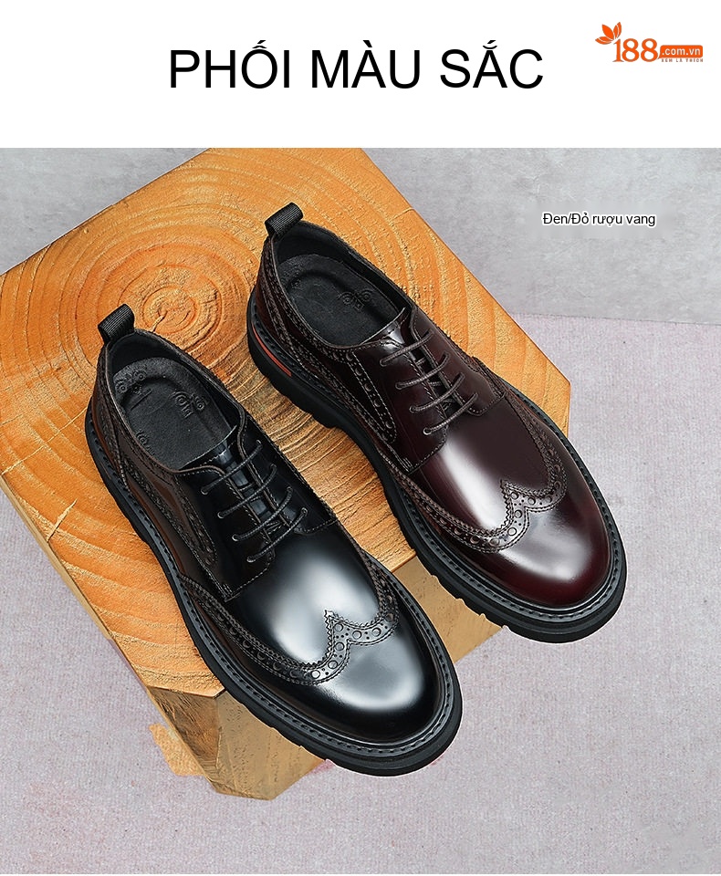 Giày Tây Buộc Dây Nam Da Bò Thật Brogue Chiều Cao Đế Khoảng 4cm Màu Đen, Đỏ Rượu chi tiết 4