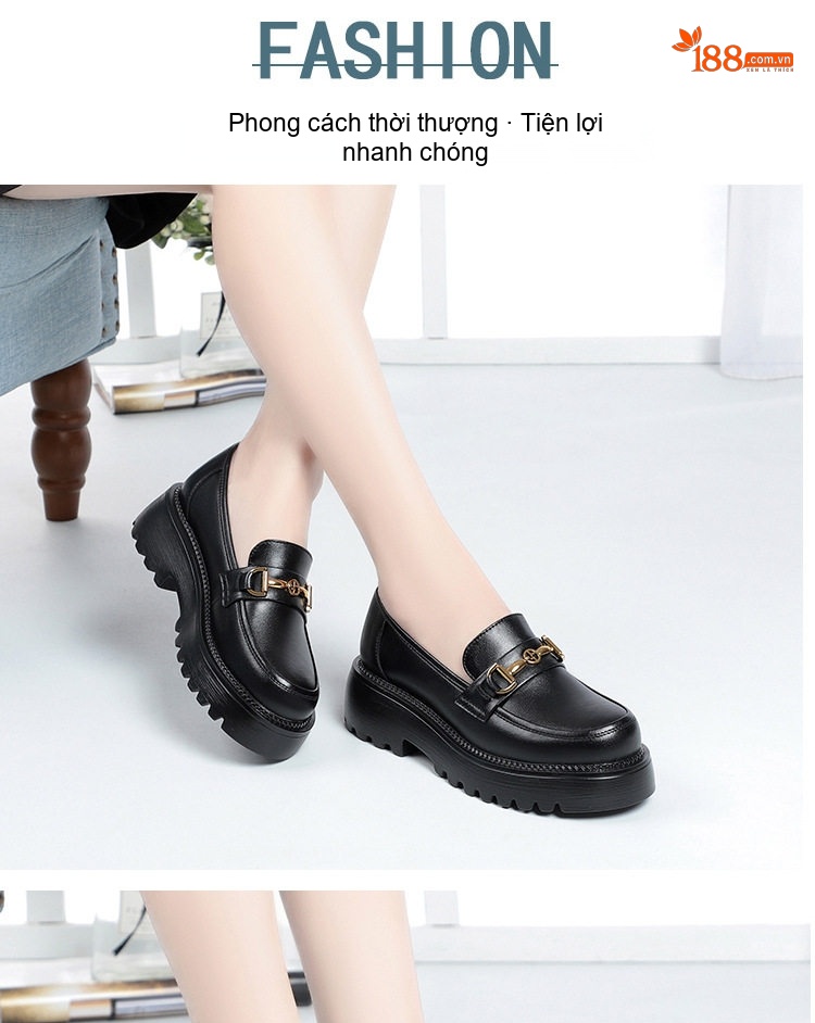 Giày Lười Nữ Da Bóng Đế Bánh Mì Chiều Cao Đế Khoảng 4cm Màu Đen chi tiết 6
