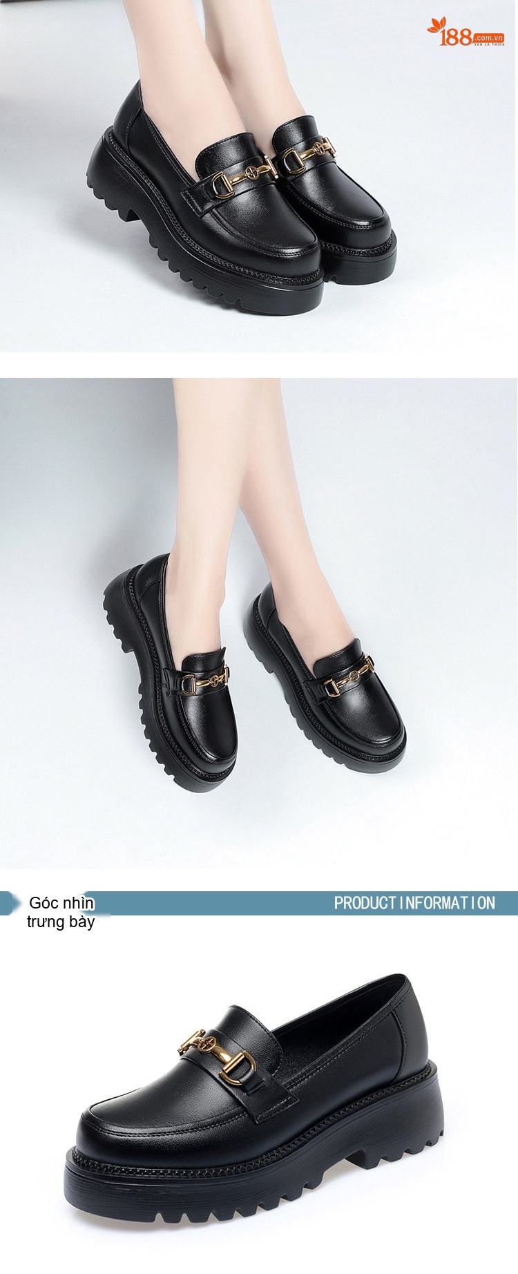 Giày Lười Nữ Da Bóng Đế Bánh Mì Chiều Cao Đế Khoảng 4cm Màu Đen chi tiết 7