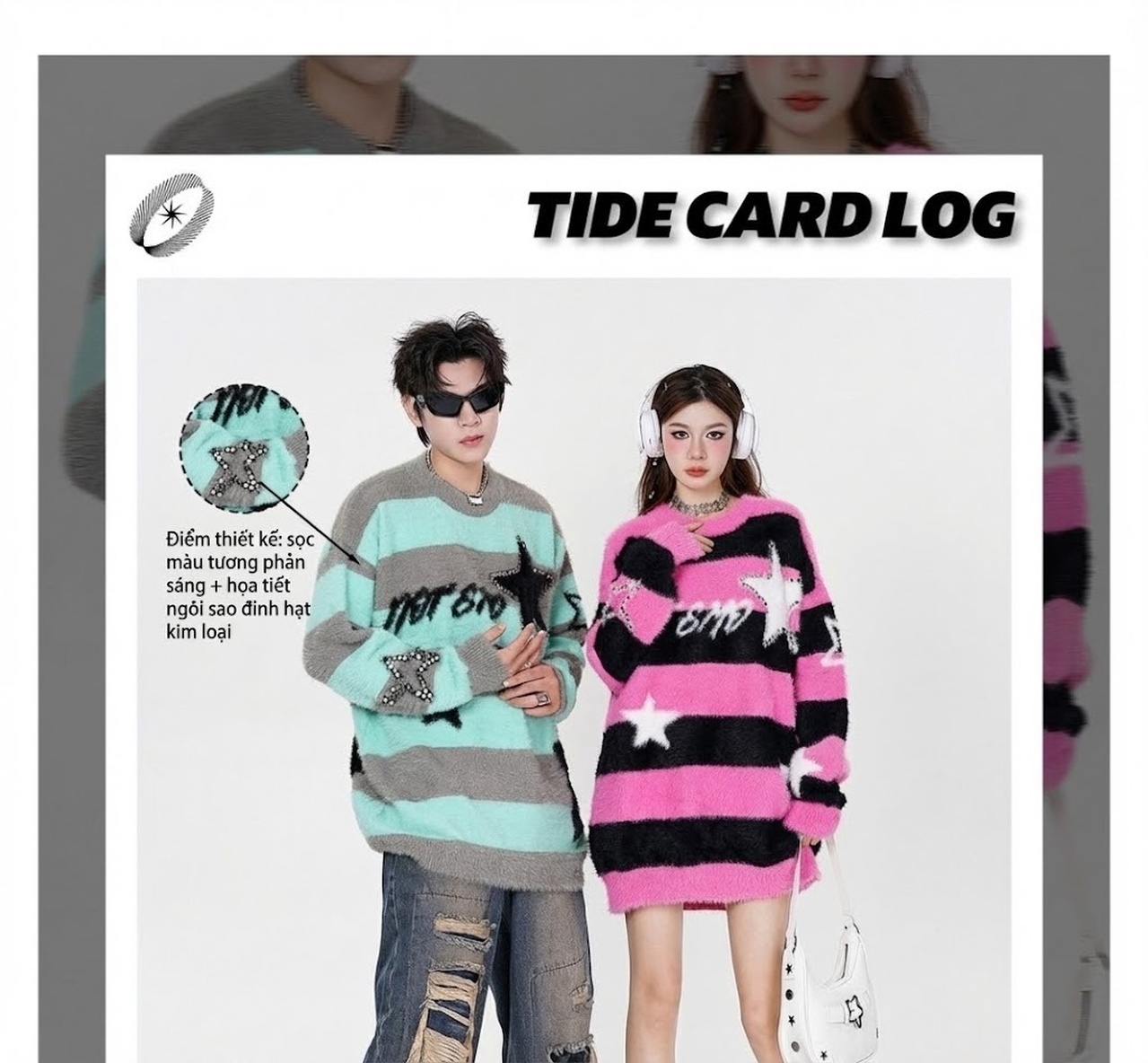 Áo Sweater Dệt Kim Sọc Ngang Đính Đá Hình Ngôi Sao Phong Cách Mỹ Màu Hồng, Đen, Xám, Xanh... chi tiết 2