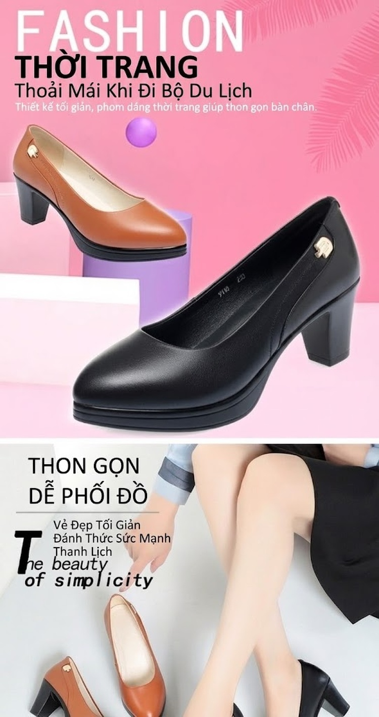 Giày Cao Gót Nữ Da Thật Chiều Cao Đế Khoảng 6cm Quai Hậu Màu Đen, Nâu chi tiết 1