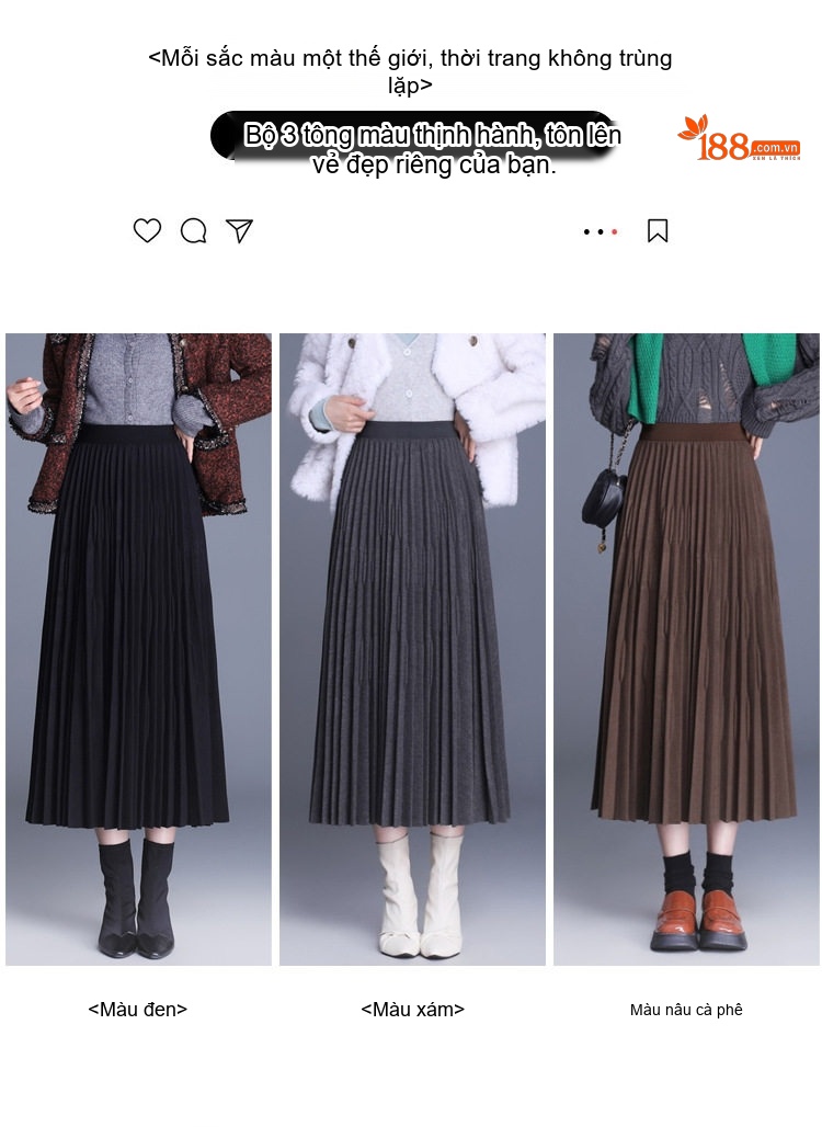 Chân Váy Nữ Lưng Thun dáng chữ A Dài Qua Gối Xếp Ly Chất Liệu 毛呢 (Mao Ni) Màu Đen, Nâu, Xám chi tiết 10