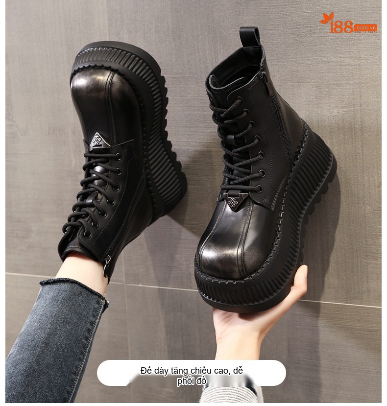 Giày Martin Nữ Đế Dày Chiều Cao Đế Khoảng 8cm Da Bóng Buộc Dây Màu Đen, Nâu chi tiết 1