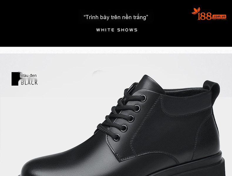 Giày Boot Nam Cổ Lửng Da Bóng Buộc Dây Chiều Cao Đế Khoảng 4cm Màu Đen chi tiết 15