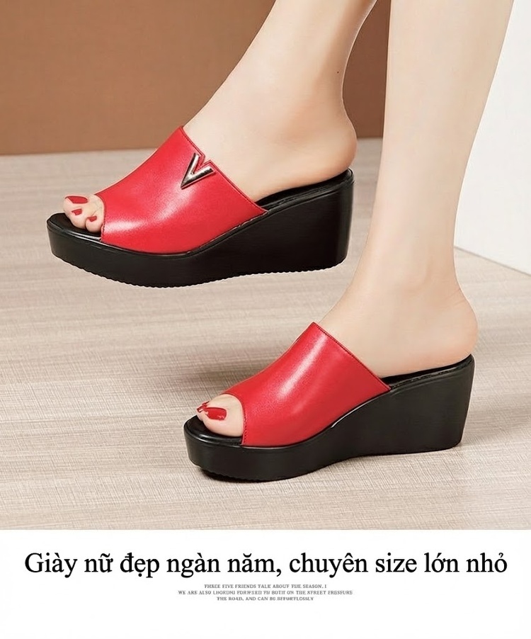 Dép Quai Ngang Nữ Da Bò Đế Xuồng Chiều Cao Đế Khoảng 6cm Màu Đỏ, Đen chi tiết 8