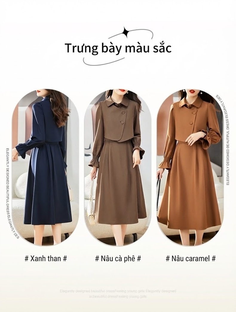 Váy Bộ Nữ Áo Vest Tay Dài Thanh Lịch Phong Cách Hàn Quốc Màu Nâu, Xanh Navy chi tiết 1