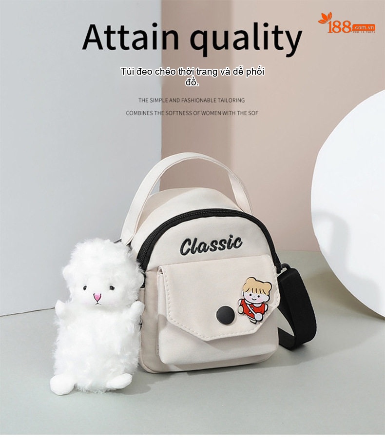 Túi Đeo Chéo Nữ Vải Canvas Mini Đựng Điện Thoại Phong Cách Hàn Quốc Màu Kem chi tiết 1