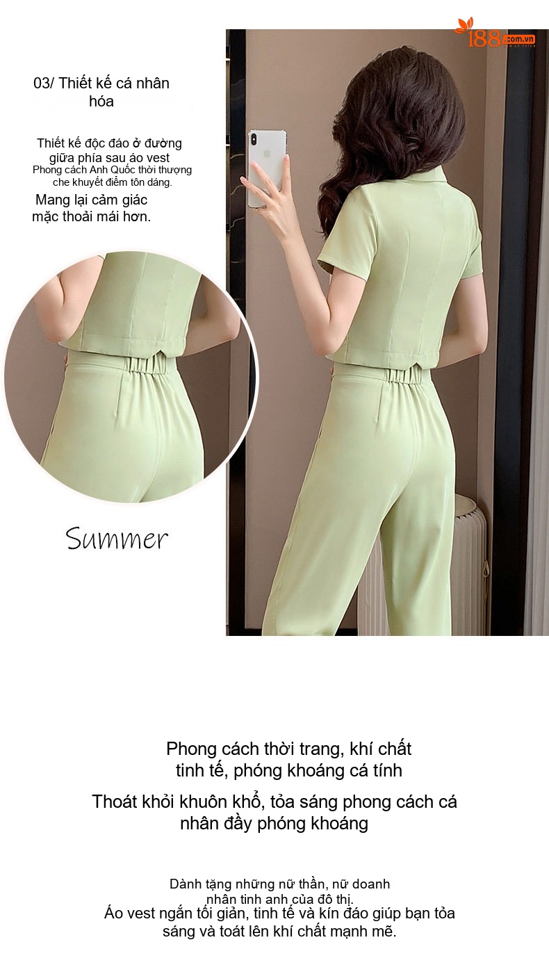 Bộ Vest Công Sở Nữ Tay Ngắn Quần Dài Thanh Lịch Màu Xanh Lá, Tím chi tiết 5
