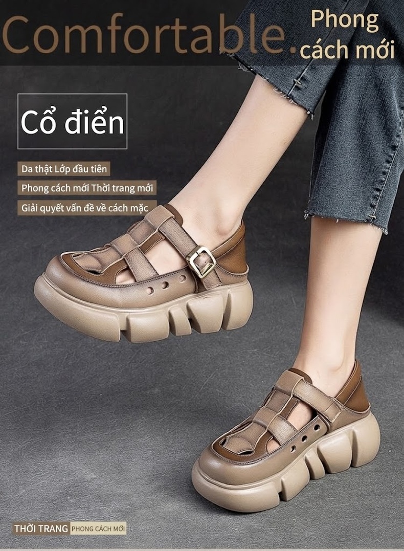 Dép Sandal Nữ Da Bò Quai Hậu Khóa Cài Đế Cao 4cm - 5cm Màu Be, Nâu, Xanh Lá chi tiết 1