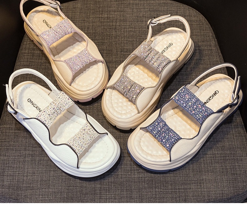 Dép Sandal Nữ Đế Bệt Quai Ngang Đính Đá Đế Cao 4cm - 5cm Màu Trắng, Xanh, Tím chi tiết 4