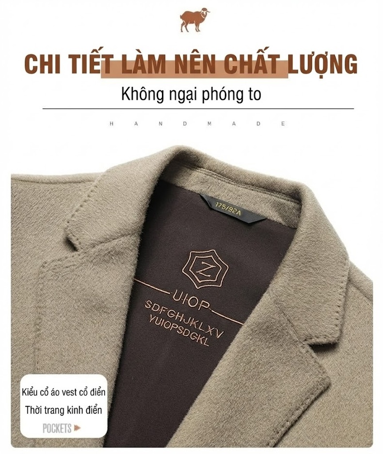 Áo Vest Nam 100% Lông Cừu Thu Đông Dáng Ôm Màu Nâu, Xám, Xanh Navy, Đen chi tiết 8