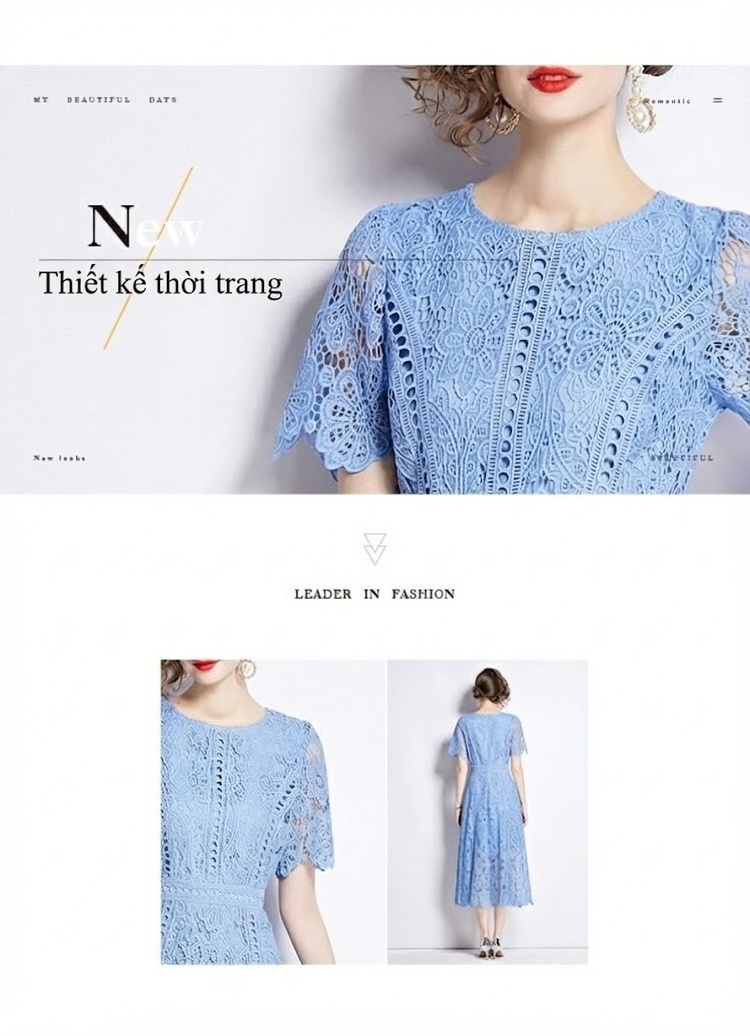 Váy liền thân Nữ Ren Tay Bèo Cổ Tròn Dáng Dài Thanh Lịch Màu Xanh Lam chi tiết 3