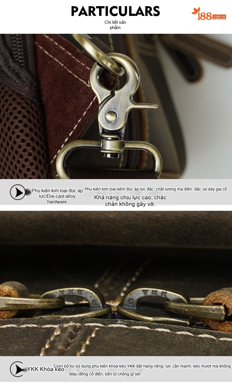 Túi Đeo Chéo Ngực Nam Da Bò Vintage Nhiều Ngăn Kèm Túi Nhỏ Tháo Rời Màu Nâu chi tiết 10