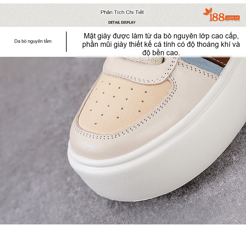 Giày Thể Thao Nữ Da Bò Đế Bánh Mì Chiều Cao Đế Khoảng 4cm Màu Be, Nâu, Xanh chi tiết 6