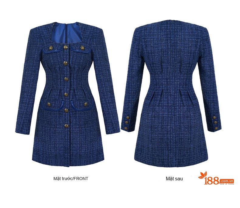 Đầm Tiểu Thư Nữ Cổ chữ Vuông Tay Dài Chiết Eo Vải Tweed Dáng Chữ A Màu Xanh Navy chi tiết 5