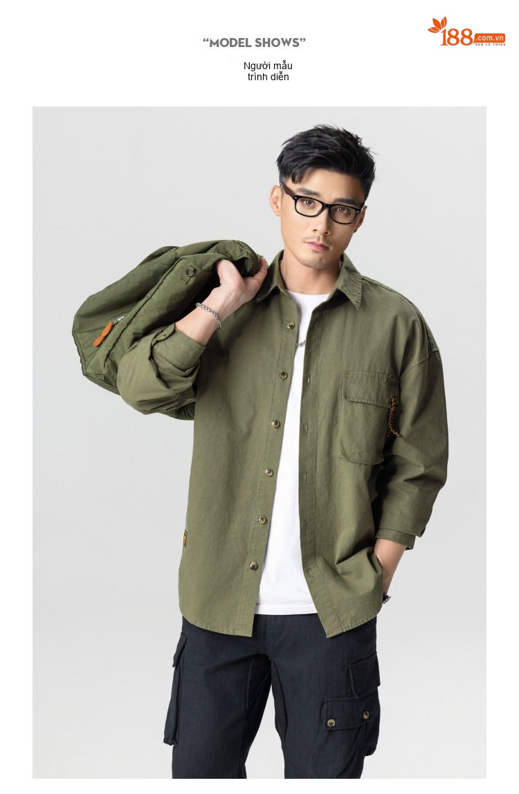 Áo Sơ Mi Nam Cotton Dáng Rộng Phong Cách Retro Màu Xanh Rêu, Nâu, Đen chi tiết 13