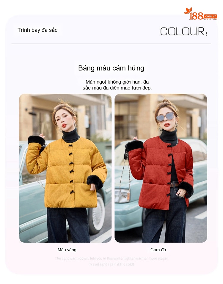 Áo Khoác Phao Nữ Ngắn Tay Thiết Kế Trung Hoa Cổ Điển Thêu Hoa Cúc Nhồi Bông Lông Vũ Màu Đỏ, Vàng chi tiết 13