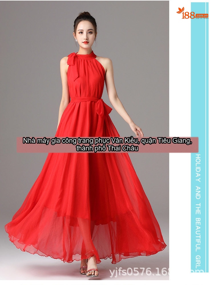 Váy Dài Nữ Dáng Xòe Thắt Eo Cổ Yếm Đính Nơ Chất Liệu Gấm Voan Màu Đỏ, Đỏ Rượu, Xanh Dương, Cam... chi tiết 4