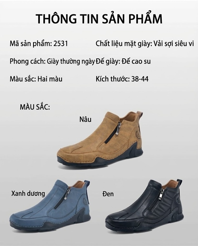 Giày Boot Nam Cổ Cao Khóa Kéo Bên Chiều Cao Đế Khoảng 3cm Màu Đen, Xanh Dương, Nâu chi tiết 7