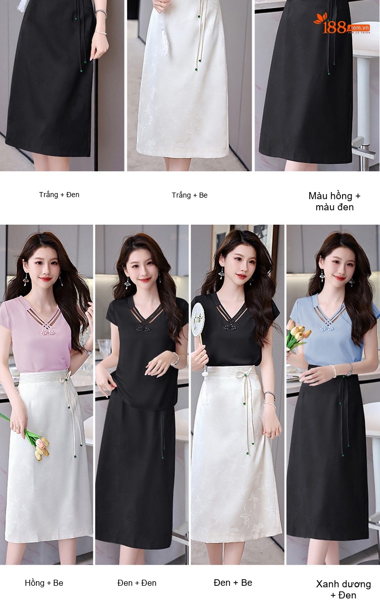 Set Bộ Áo và Chân Váy Chữ A Phong Cách Tân Cổ Điển Màu Đen, Trắng, Hồng chi tiết 6