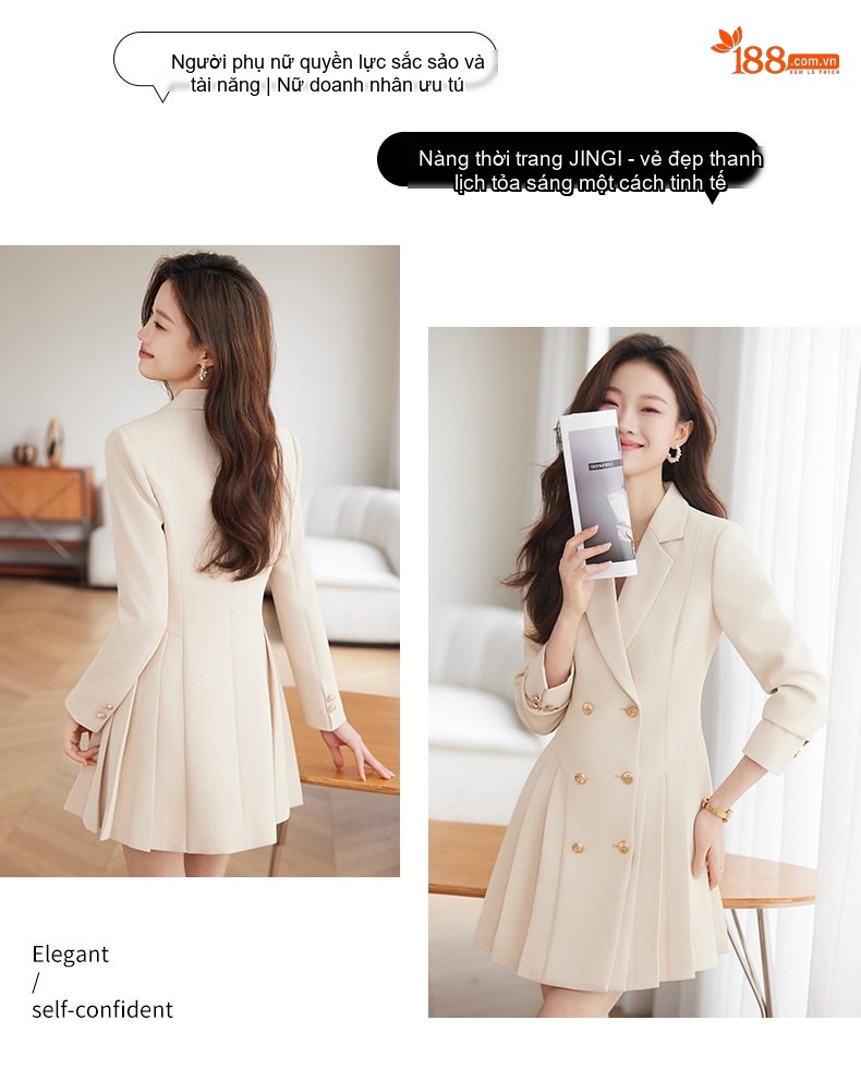 Váy Đầm Công Sở Nữ Dáng Vest Xếp Ly Cao Cấp Màu Đen, Hồng, Kem chi tiết 19