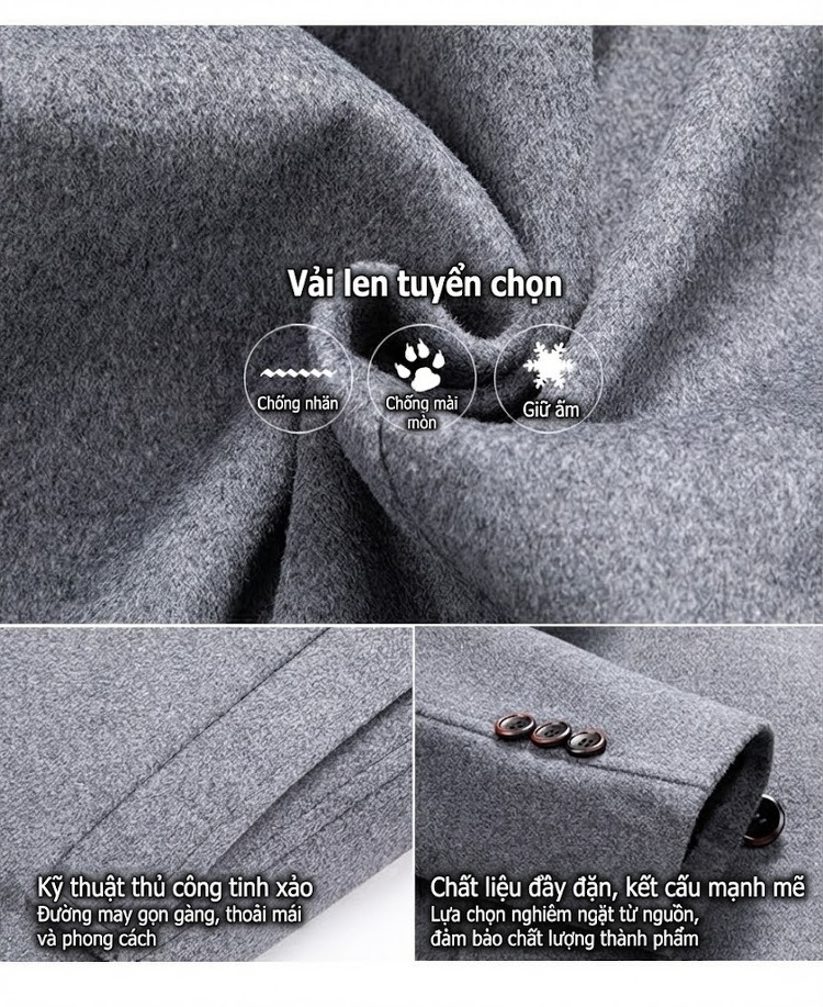Áo Khoác Dạ Nam Dáng Dài Cổ chữ Vest Hai Hàng Khuy Dày Dặn Màu Nâu, Đen, Xám... chi tiết 4