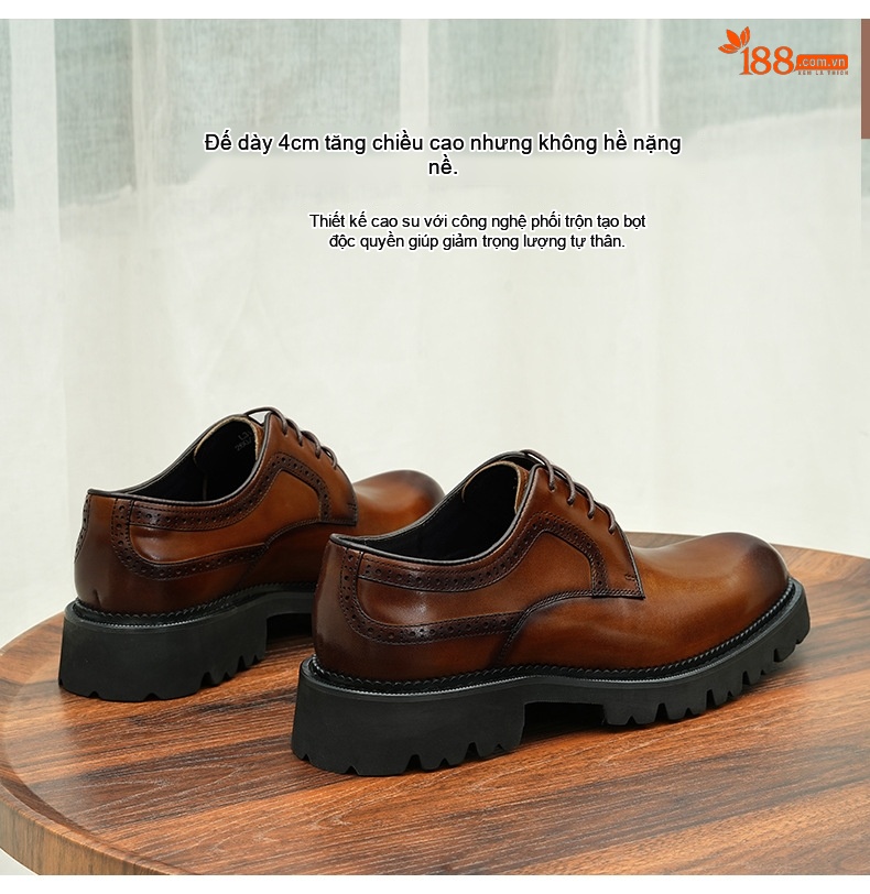 Giày Tây Buộc Dây Nam Da Bò Phong Cách Anh Quốc Chiều Cao Đế Khoảng 4cm Màu Nâu, Đen chi tiết 5