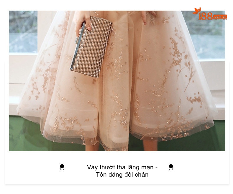 Váy Dạ Hội Nữ Pháp Kiểu Hepburn Màu Champagne Khí Chất Tiệc Tối chi tiết 15