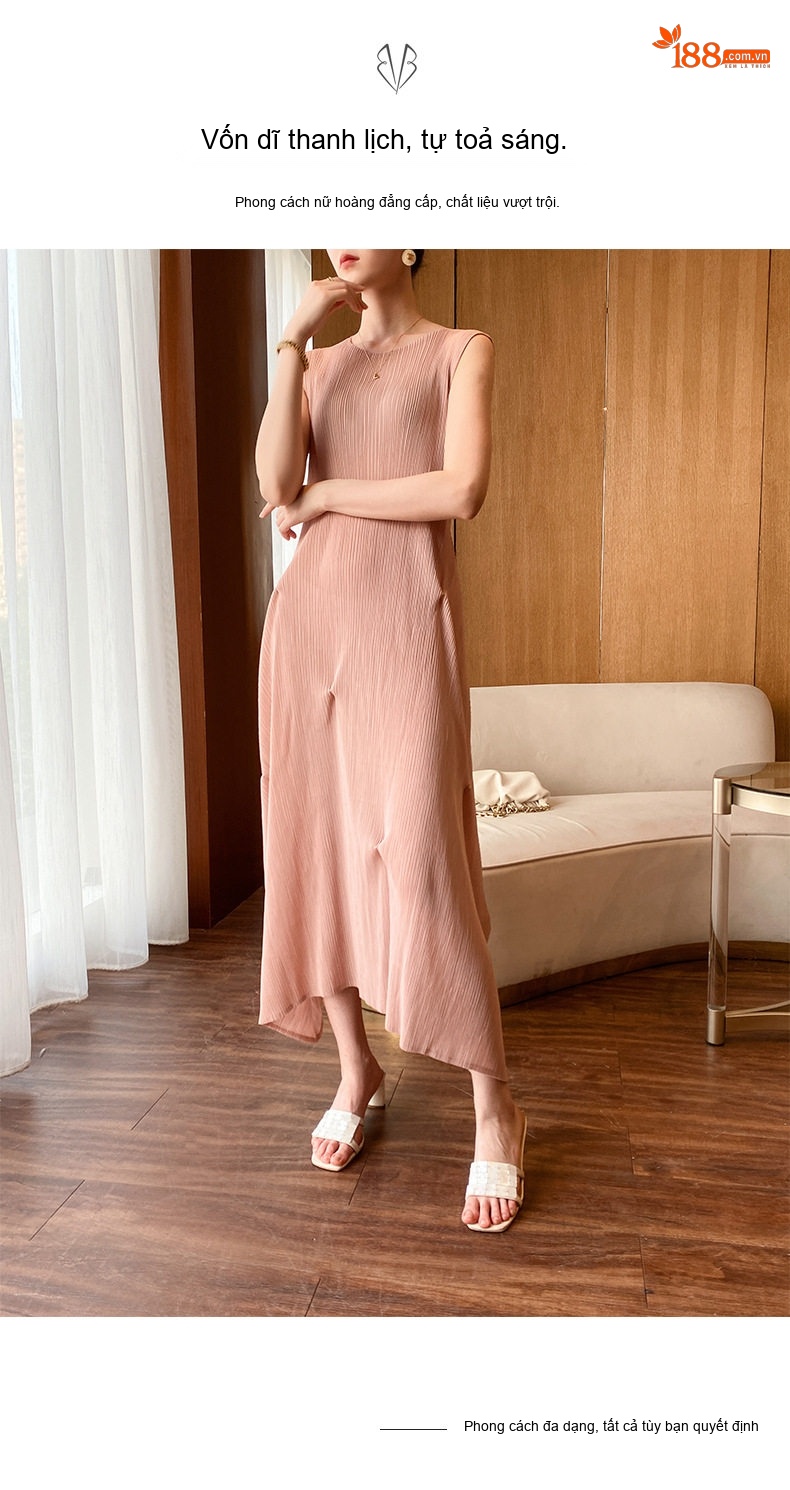 Váy Dài Nữ Pleats Xếp Ly Phong Cách Tiểu Thư Thanh Lịch Màu Hồng, Kem, Xanh Dương, Xanh Lá... chi tiết 3