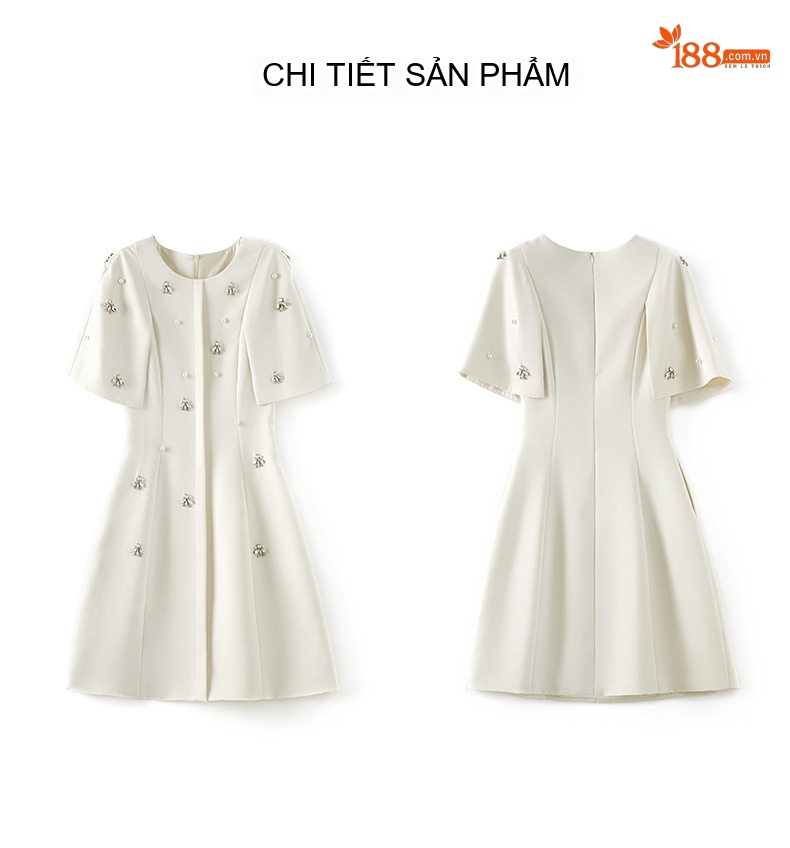 Váy Suông Nữ Tay Lửng Cổ Tròn Đính Đá Sang Trọng Màu Trắng chi tiết 11